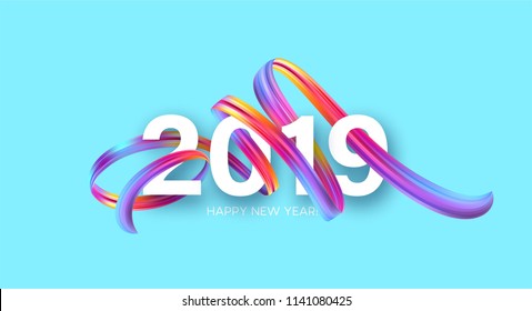 2019 New Year on the background of a colorful brushstroke oil or acrylic paint design element. Vector illustration EPS10