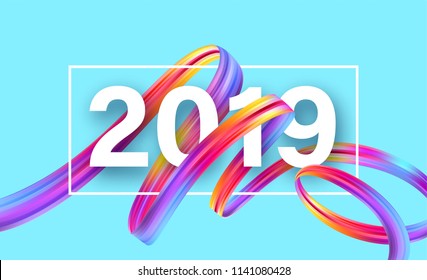 2019 New Year on the background of a colorful brushstroke oil or acrylic paint design element. Vector illustration EPS10