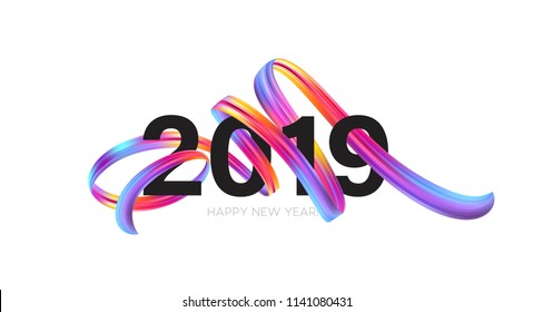 2019 New Year on the background of a colorful brushstroke oil or acrylic paint design element. Vector illustration EPS10