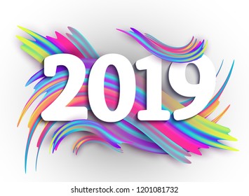 2019 New Year on the background of a colorful brushstroke oil or acrylic paint design element. Vector illustration