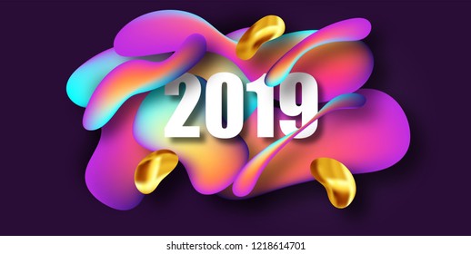 2019 New Year on the background of a Liquid color background  design element. Fluid shapes composition. Vector illustration EPS10