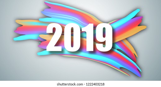 2019 New Year on the background of a colorful brushstroke oil or acrylic paint design element. Vector illustration 