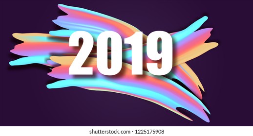 2019 New Year on the background of a colorful brushstroke oil or acrylic paint design element. Vector illustration