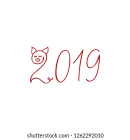 2019 New Year paint lettering calligraphy design element. Cute pig face. Red vector illustration isolated on white background.