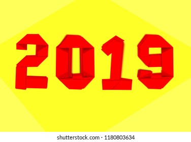 2019 New Year Paper Art Origami style on yellow background,vector illustration 