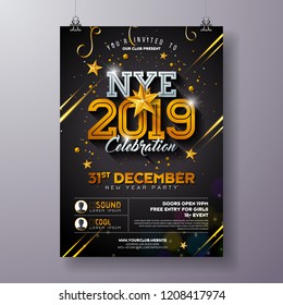 2019 New Year Party Celebration Poster Template Illustration With Shiny Gold Number On Black Background. Vector Holiday Premium Invitation Flyer Or Promo Banner.