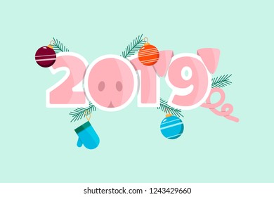 2019 New year of the pig. Concept pig and numbers 2019. Numbers decorated christmas tree, Christmas balls. vector