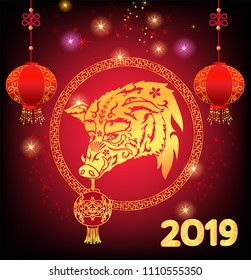 2019 New Year of the pig on the eastern calendar. Celebration black and red background with head boar or wild pig and chinese lanterns.