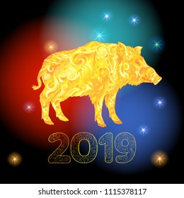 2019 New Year of the pig on the eastern calendar. Celebration black and colorful background with  boar or wild pig and magic star.