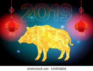 2019 New Year of the pig on the eastern calendar. Celebration black and colorful background with boar or wild pig and lantern.