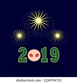 2019 new year with piggy nose and fireworks vector background