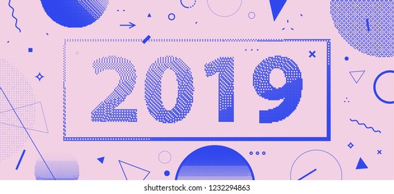 Plantilla de carteles de Año Nuevo 2019 con formas geométricas abstractas, elementos de diseño plano de estilo brillante de los años 80. Arte retro para portadas vacacionales, carteles, volantes y afiches. Ilustraciones vectoriales de Eps10
