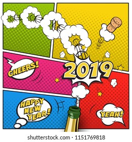 2019 New Year postcard or greeting card template. Vector 2019 New Year retro design in comic book style with champagne bottle.