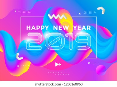 2019 New Year poster design with Creative 3d flow shape on blue background. Vector gradient trendy illustration.
