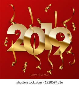 2019 New Year poster template. Vector golden 2019 sign with golden serpentine pieces isolated on red background