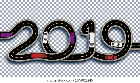 2019 New Year. The road is stylized as an inscription. Trucks and cars. Isolated On Transparent Background With Shadow. Vector Illustration