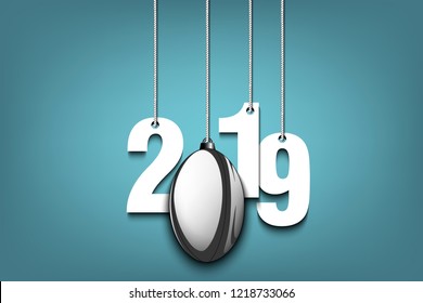 2019 New Year and rugby ball as a Christmas decorations hanging on strings. 2019 hang on cords on an isolated blue background. Design pattern for greeting card. Vector illustration