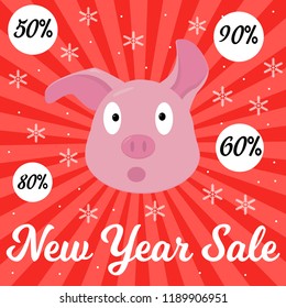 2019 New Year Sale banner. Cute pigs heard about the sale and surprised by great discounts.