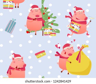 2019 New year seamless pattern with funny pigs, Merry Christmas tree and gifts. Vector cartoon background for package, card, poster, textile, set of cute piggy characters.