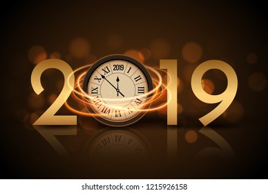 2019 novo ano brilhando fundo com relógio. Feliz ano novo 2019 cartaz de decoração de celebração, modelo de cartão festivo.