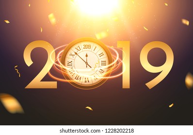 2019 new year shining background with clock. Happy new year 2019 celebration decoration poster, festive card template.
