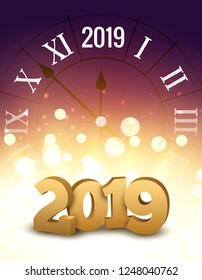 2019 new year shining background with clock. Happy new year 2019 celebration decoration poster, festive card template.