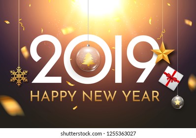 2019 new year shining background with ball. Happy new year 2019 celebration decoration poster, festive card template.