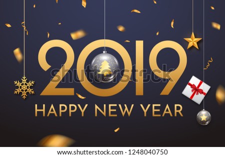 2019 new year shining background with ball. Happy new year 2019 celebration decoration poster, festive card template.