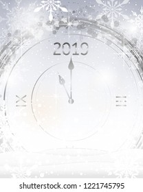 2019 New Year shining banner with clock. Vector illustration. Vibrant defocused background. Bright bokeh with snowflakes. Christmas background with snowflakes and Christmas lights