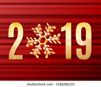 2019 New Year sign with 3d snowflake. EPS10 vector
