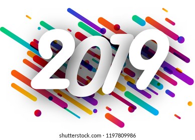 2019 new year sign with colorful paint strokes on white background. Vector paper illustration.
