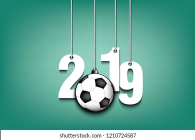 2019 New Year and soccer ball as a Christmas decorations hanging on strings. 2019 hang on cords on an isolated green background. Design pattern for greeting card. Vector illustration