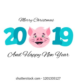 2019 New Year symbol of the holiday with a cheerful pig snout.