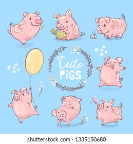 2019 New Year Symbol Pig Various Banner Set. Cute Happy Animal Collection for Poster Layout Concept. Zodiac Culture Element Kit for Advertising Print Flat Cartoon Vector Illustration