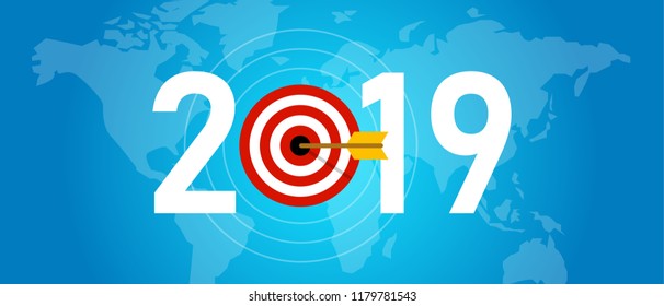 2019 new year target syombol of dart aiming for online media targeting and marketing strategy, blue background world wide isolated vector illustration