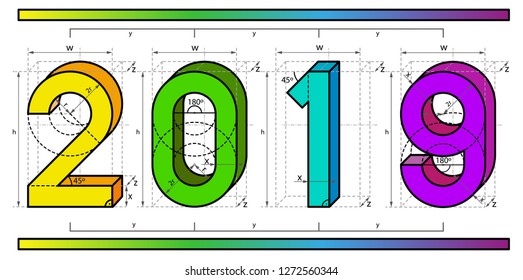 2019 New Year Technical Font Project Design in Abstract Colorful 3D Style with Z axis and Gradient Bars