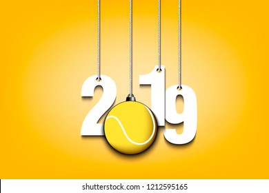 2019 New Year and tennis ball as a Christmas decorations hanging on strings. 2019 hang on cords on an isolated black background. Design pattern for greeting card. Vector illustration