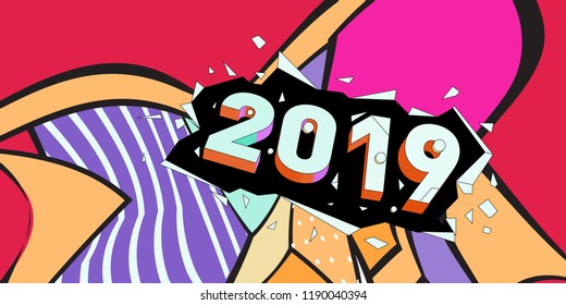 2019 New Year text with Colorful Abstract Geometric Background Pattern. New Year Design Template for Card, Poster, and Party Celebration.