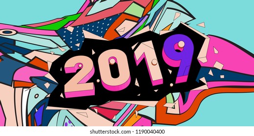 2019 New Year text with Colorful Abstract Geometric Background Pattern. New Year Design Template for Card, Poster, and Party Celebration.