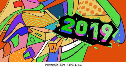 2019 New Year text with Colorful Abstract Geometric Background Pattern. New Year Design Template for Card, Poster, and Party Celebration.