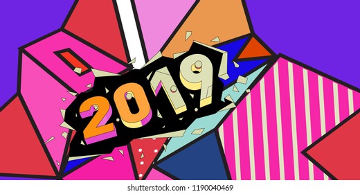 2019 New Year text with Colorful Abstract Geometric Background Pattern. New Year Design Template for Card, Poster, and Party Celebration.