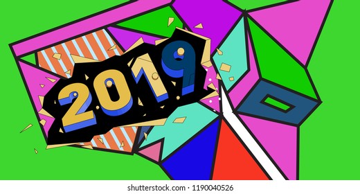 2019 New Year text with Colorful Abstract Geometric Background Pattern. New Year Design Template for Card, Poster, and Party Celebration.