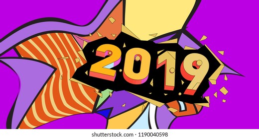 2019 New Year text with Colorful Abstract Geometric Background Pattern. New Year Design Template for Card, Poster, and Party Celebration.