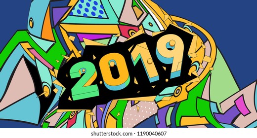 2019 New Year text with Colorful Abstract Geometric Background Pattern. New Year Design Template for Card, Poster, and Party Celebration.
