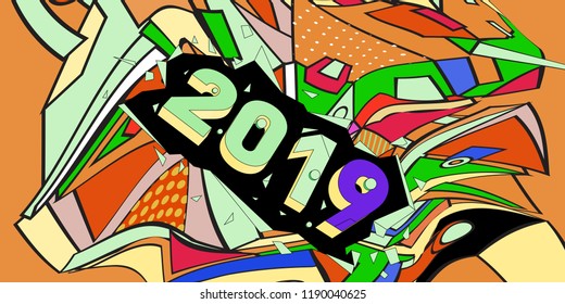 2019 New Year text with Colorful Abstract Geometric Background Pattern. New Year Design Template for Card, Poster, and Party Celebration.
