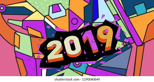 2019 New Year text with Colorful Abstract Geometric Background Pattern. New Year Design Template for Card, Poster, and Party Celebration.