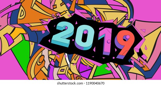2019 New Year text with Colorful Abstract Geometric Background Pattern. New Year Design Template for Card, Poster, and Party Celebration.