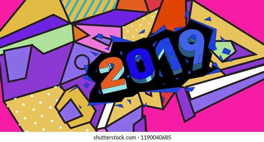 2019 New Year text with Colorful Abstract Geometric Background Pattern. New Year Design Template for Card, Poster, and Party Celebration.