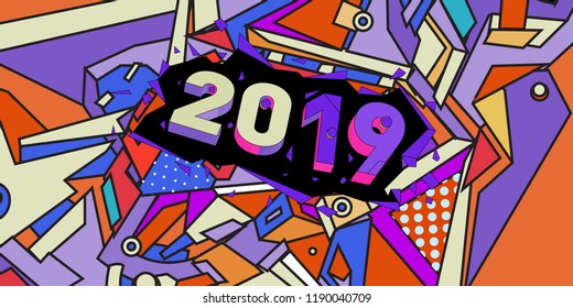 2019 New Year text with Colorful Abstract Geometric Background Pattern. New Year Design Template for Card, Poster, and Party Celebration.