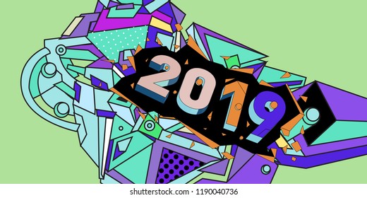 2019 New Year text with Colorful Abstract Geometric Background Pattern. New Year Design Template for Card, Poster, and Party Celebration.
